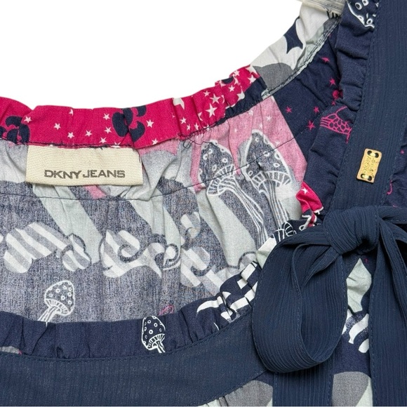 DKNY Mushroom Print Babydoll Dress Size Small Cotton Navy Pink Y2K - Picture 5 of 9